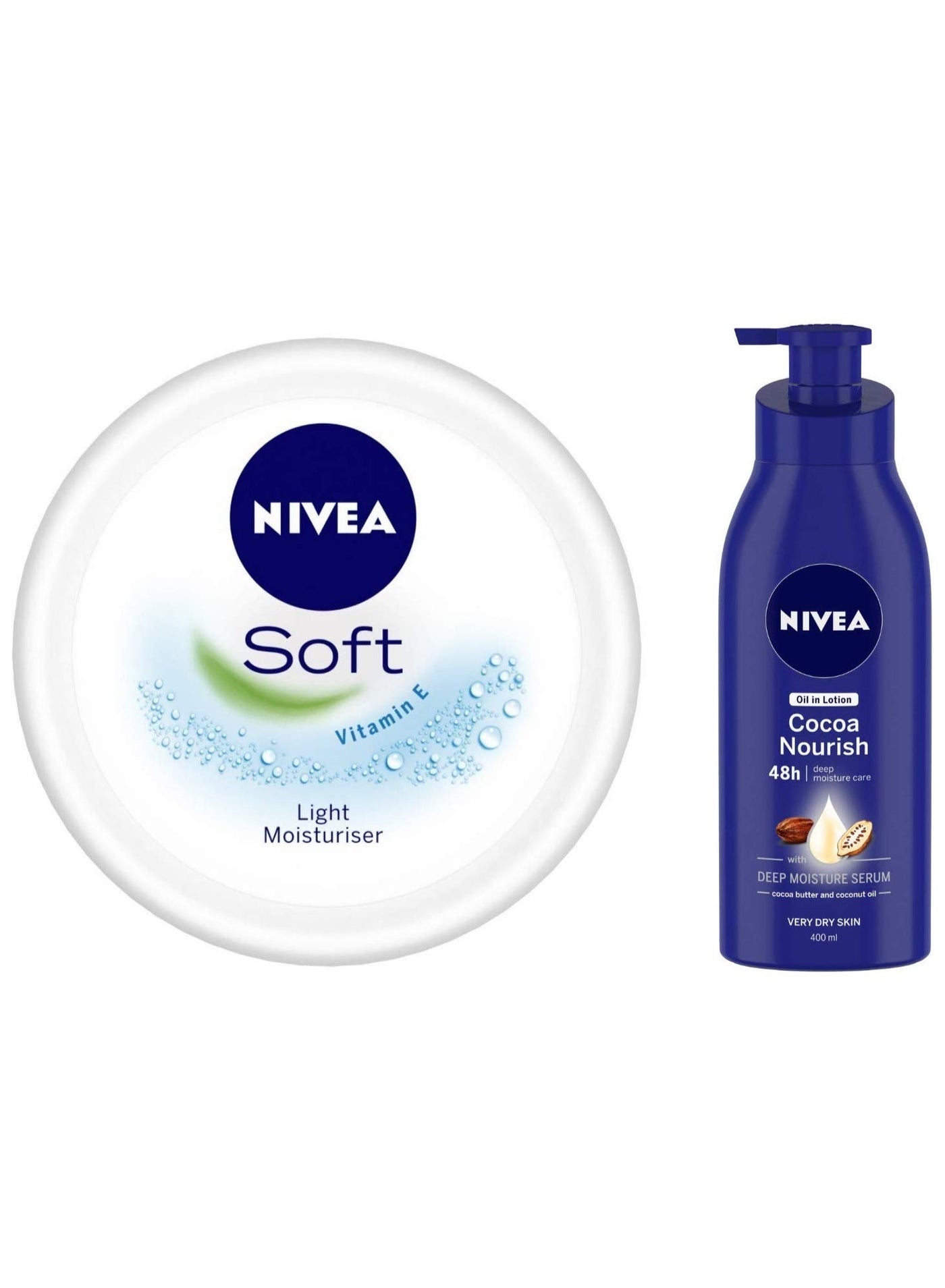 NIVEA Soft Light Moisturiser With Vitamin E, 300ml & Oil in Lotion, Cocoa Nourish, 400ml Combo